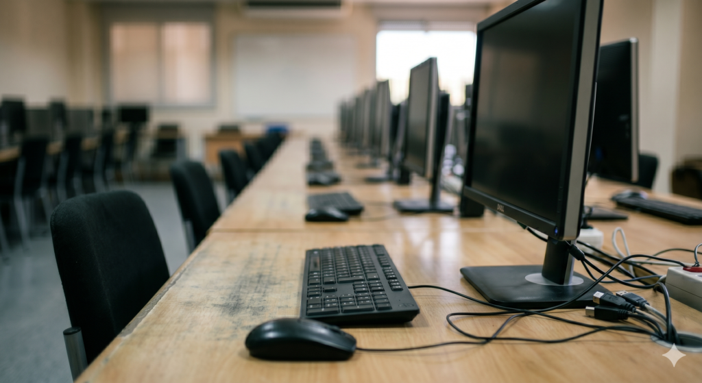 Aula de informática de una academia de formación online, vacía y repleta de ordenadores de sobremesa